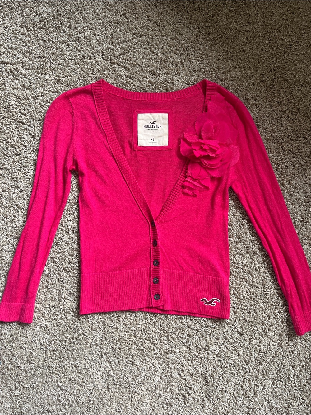 Hollister Bright Pink Floral Applique V-Neck Cardigan